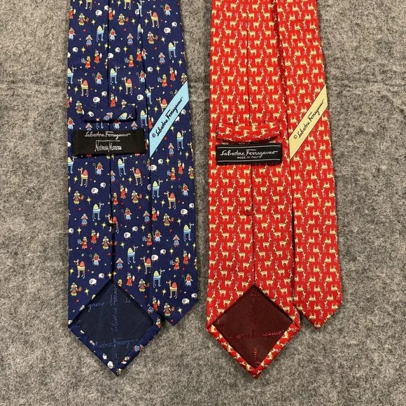 Salvatore Ferragamo Silk Ties Mens Lot 2 Red Reindeer Nativity Christmas Italy